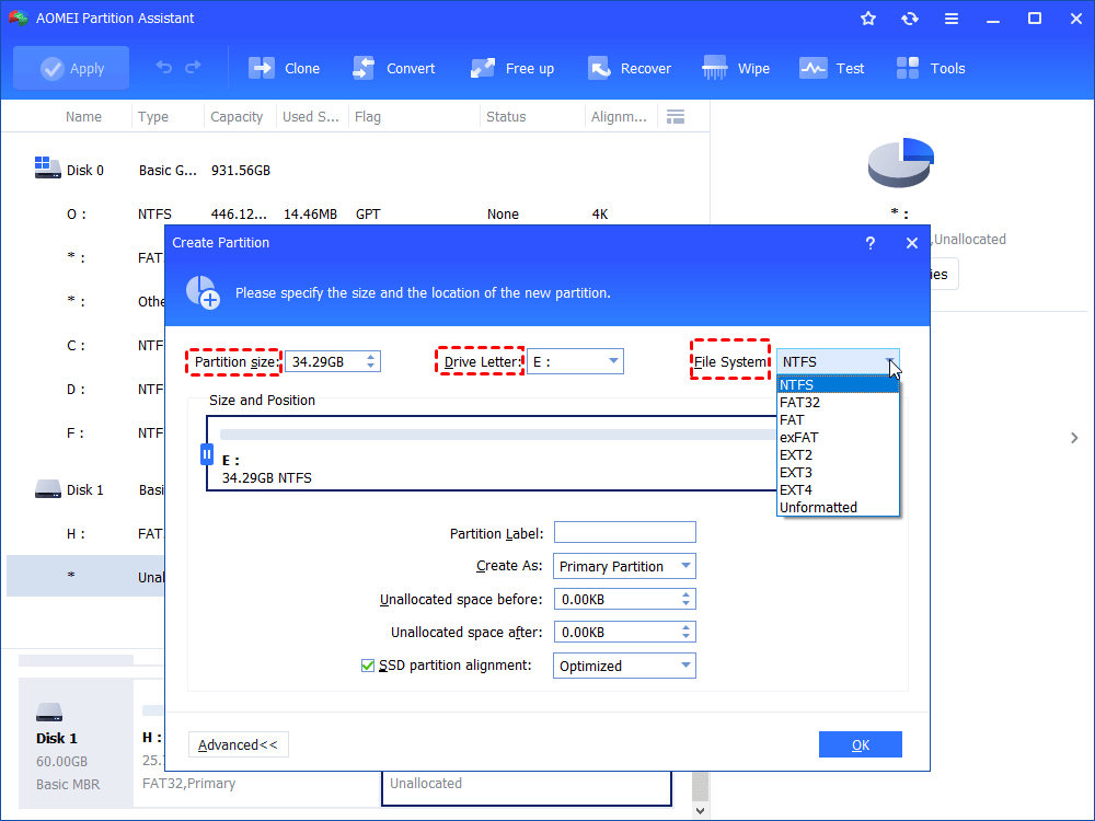Select the unallocated space and click on the New button.
Specify the size for the new partition or use the default maximum size.