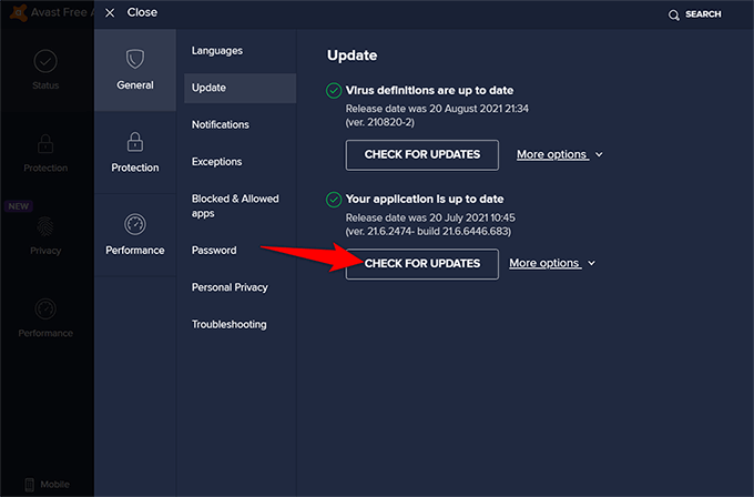 Step 11: Open the Avast Antivirus program and go to the "Settings" menu.
Step 12: Select "General" or "Update" options.
