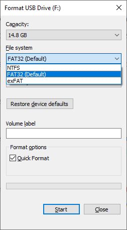 Step 5: In the Format window, choose the desired file system (e.g., FAT32, exFAT, NTFS).
Step 6: Optionally, provide a new volume label for the USB drive.