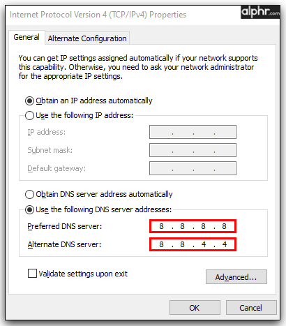 Step 7: In the new window, select the option "Use the following DNS server addresses"
Step 8: Enter the preferred DNS server address: [Enter DNS server address]