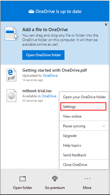 To resume syncing, click on the OneDrive icon in the system tray again.
Select the More option from the drop-down menu.