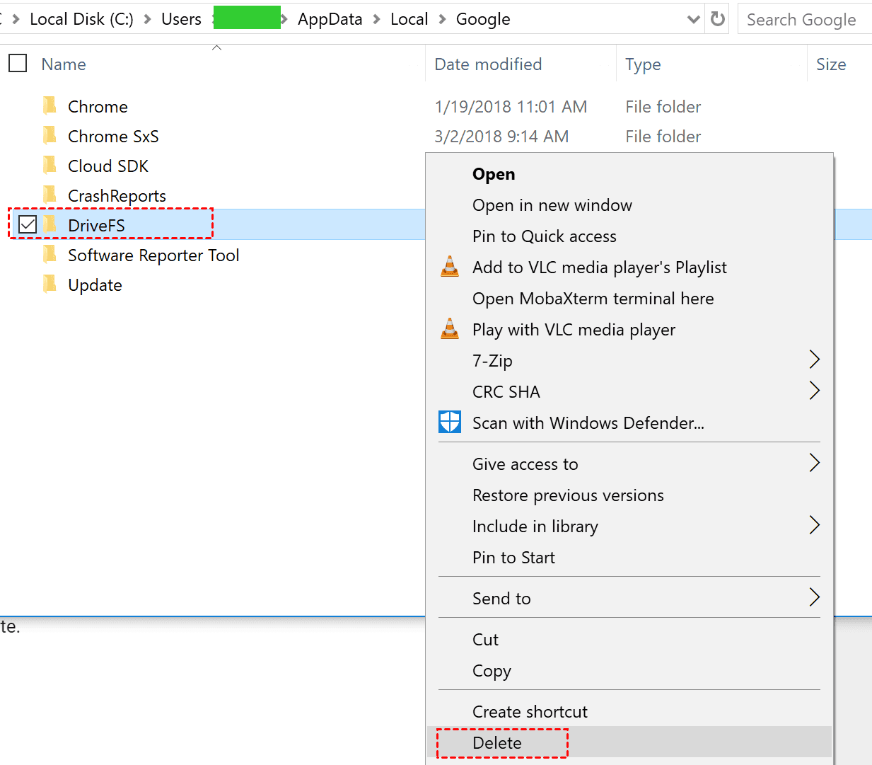 Type "%localappdata%\Google\DriveFS" in the Run dialog box and press Enter.
Select all the files and folders in the opened location and delete them.