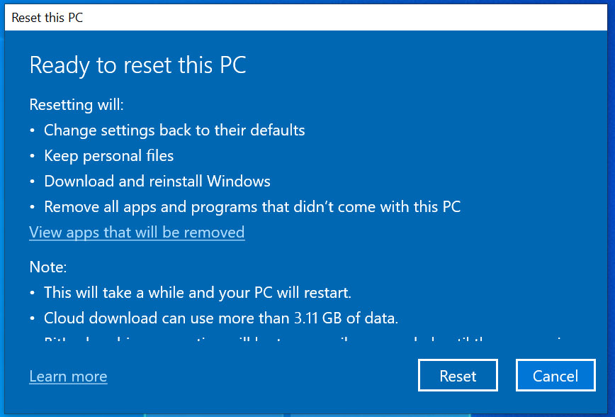 Under "Reset this PC", click on "Get started".
Follow the prompts to reset your system.
