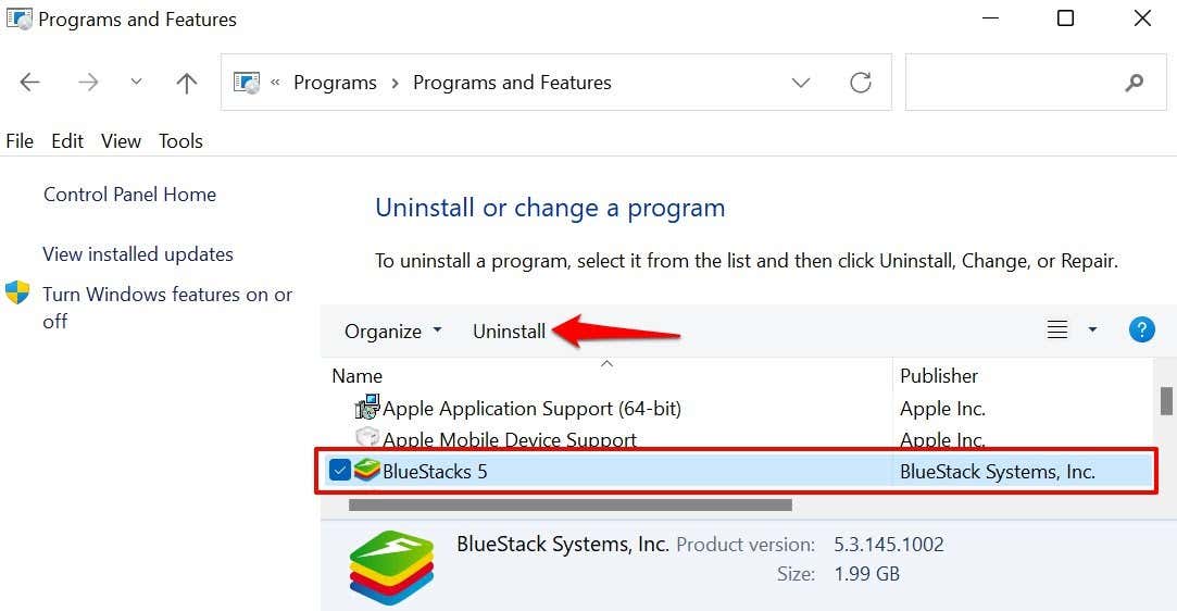 Uninstall Bluestacks from your computer by going to the "Control Panel" and selecting "Uninstall a program."
Find Bluestacks in the list of installed programs and click on "Uninstall."