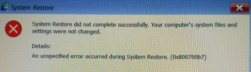 System recovery Error 0x800700b7 (fixed)