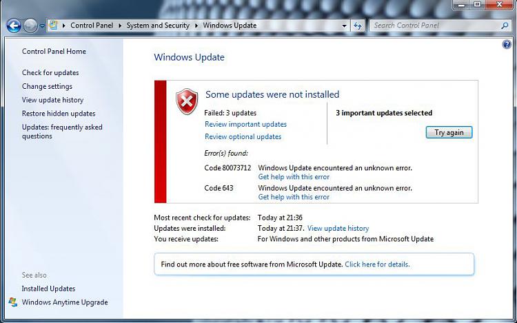 a Windows Update hibakódjának megoldása 643