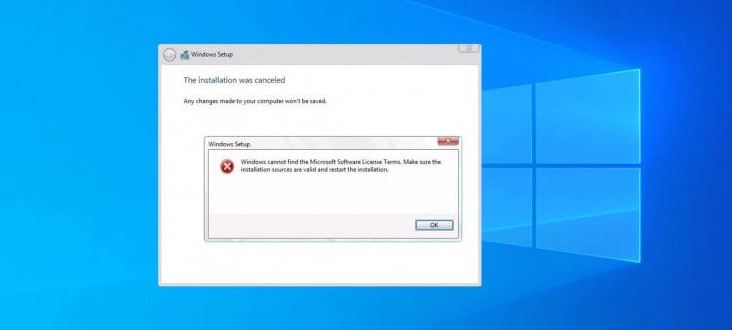What causes the "Windows cannot find Microsoft Software License Terms" error in Windows?
