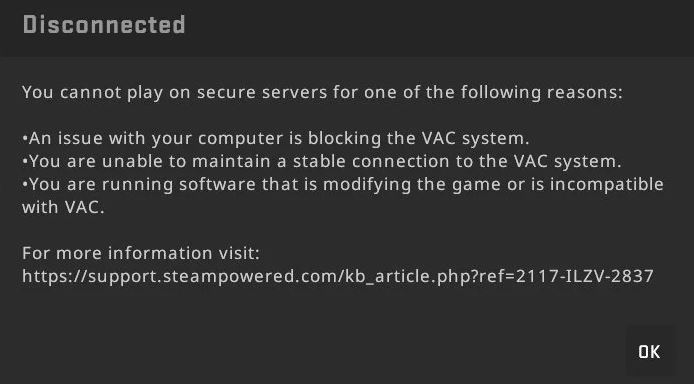 Fixed "Disconnected by VAC: You Cannot Play on Secure Servers" error in Windows