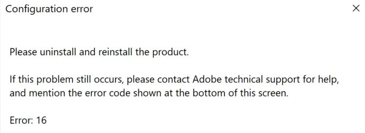 How to fix the configuration error 16 in Adobe
